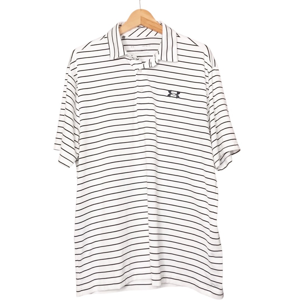 Under Armour Golf Shirt The Playoff Polo White Black Stripes Stretch Men’s Large